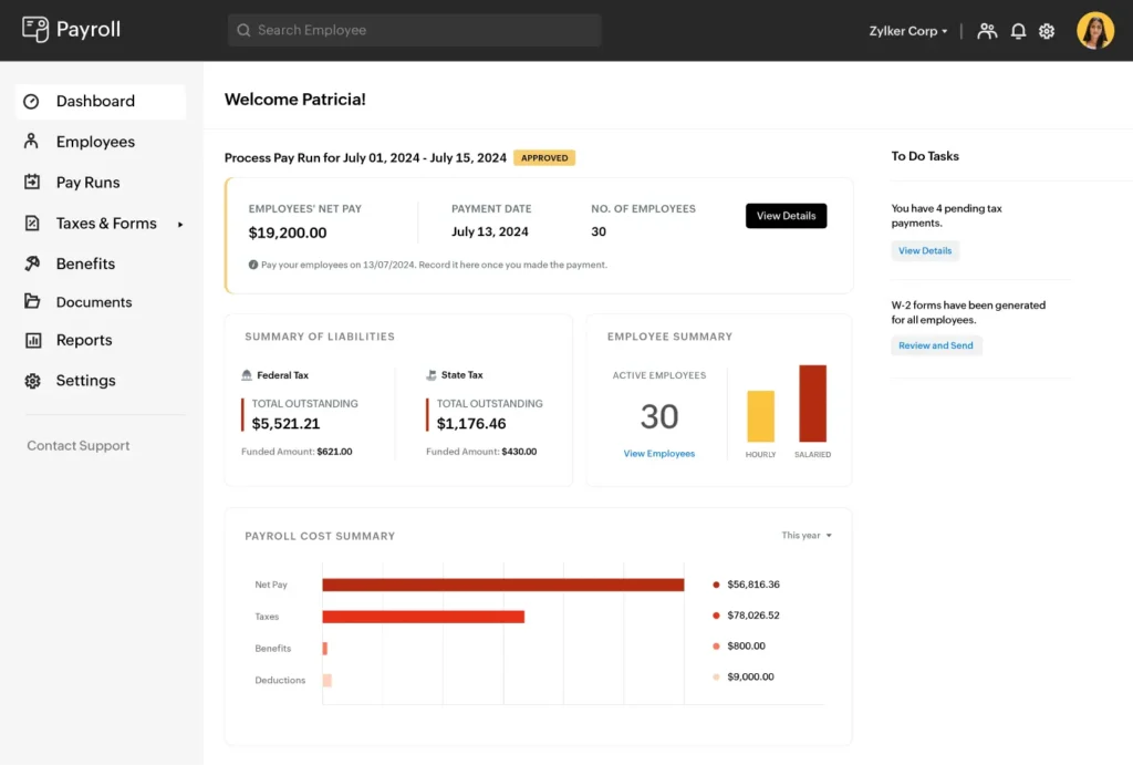 zoho payroll dashboard