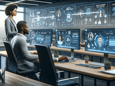 DALL·E 2023-12-20 12.32.03 - A photorealistic depiction of a cutting-edge recruitment office using Zoho Recruit ATS to streamline hiring processes. The scene should feature HR pro