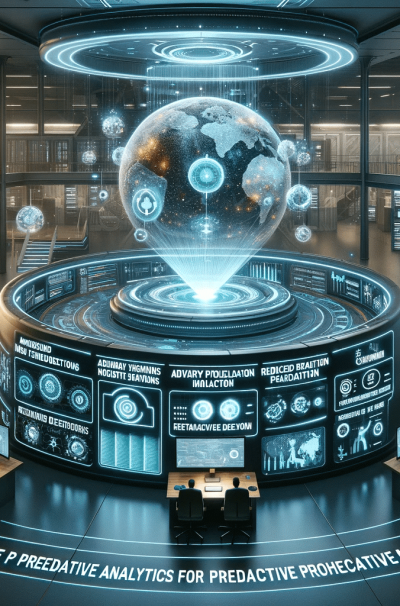 DALL·E 2023-12-28 13.24.22 - A futuristic and innovative workspace concept for 'Machine Learning in IT Operations_ 5 Benefits of Predictive Analytics for Proactive Maintenance'. T